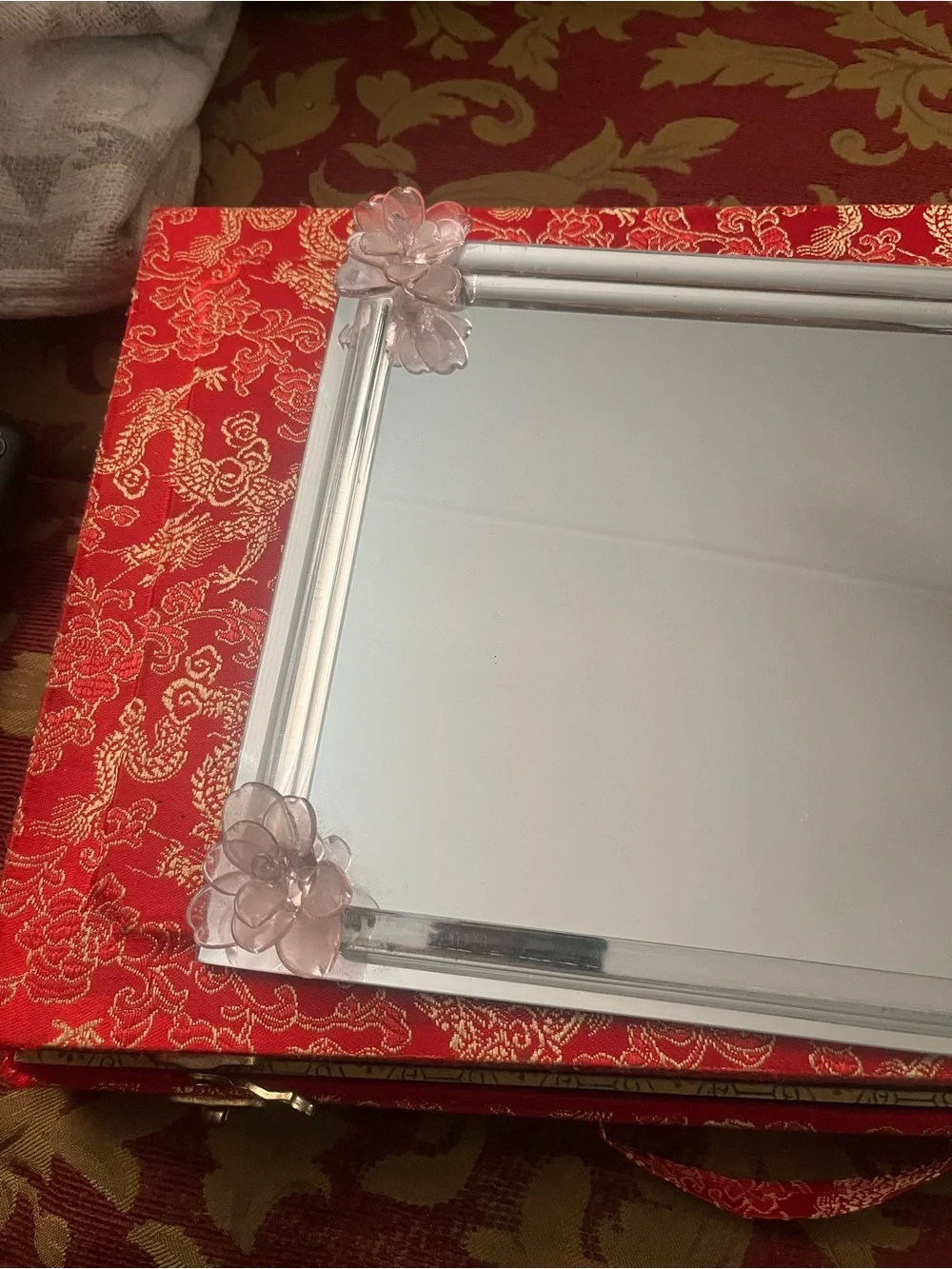 Decorative Glass Floral Corner Vanity Tray - Clear Pink